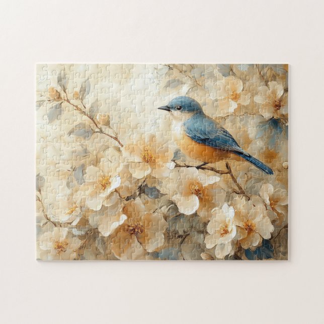 Puzzle Peinture d'arbre en fleurs d'oiseaux bleus (Horizontal)