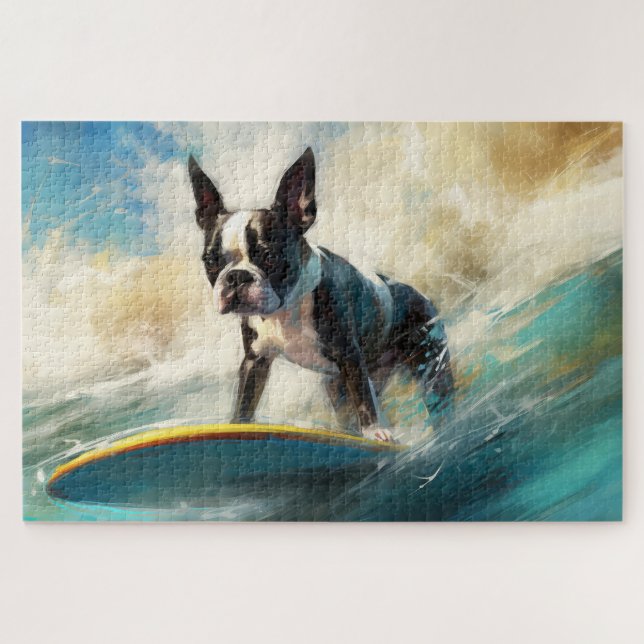 Puzzle Peinture de Boston Terrier faisant du surf sur la  (Horizontal)