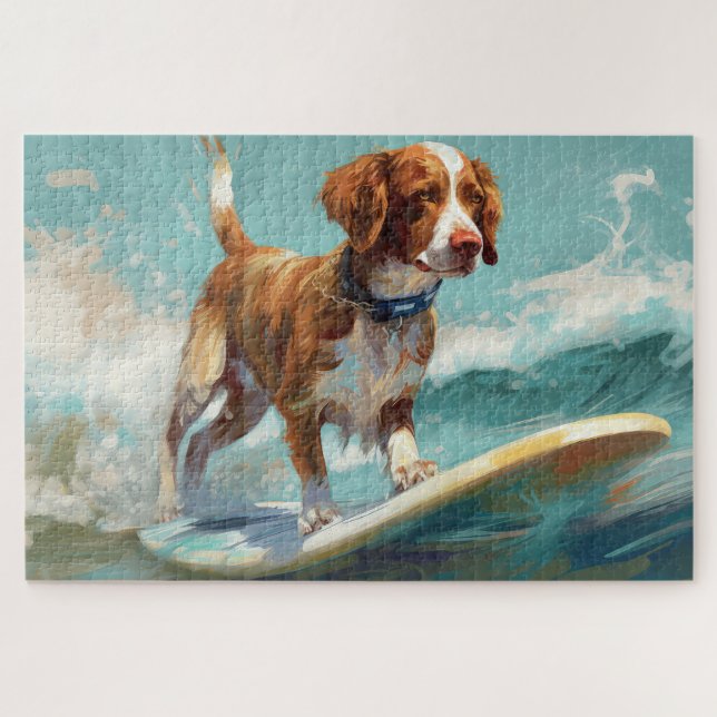 Puzzle Peinture de Brittany Spaniel surfant sur la plage (Horizontal)