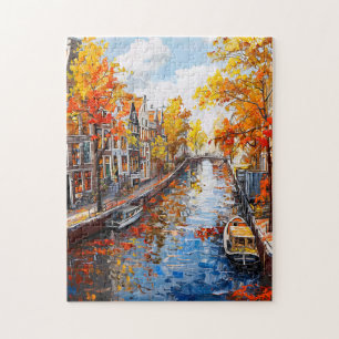 Puzzle Peinture de canal d'automne avec bateaux et maison