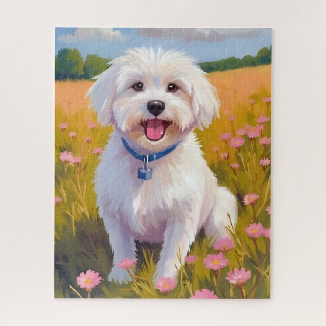 Puzzle Peinture de champ de fleurs de chien maltais (Vertical)