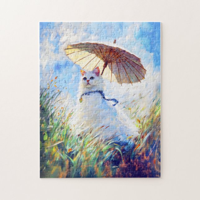 Puzzle Peinture de chat blanc avec parasol dans un champ  (Vertical)