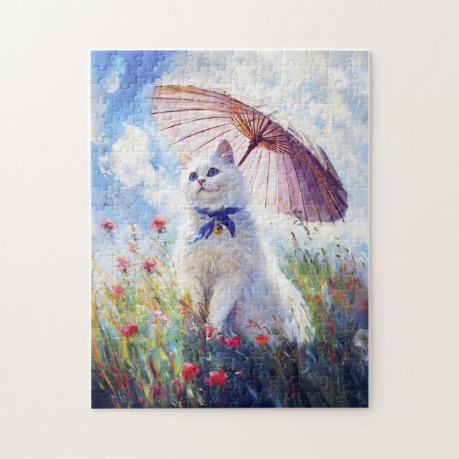 Puzzle Peinture de chat blanc avec parasol dans un champ  (Vertical)