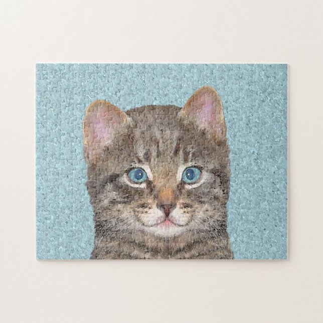 Puzzle Peinture de chat tigré gris - Art de chat original (Horizontal)