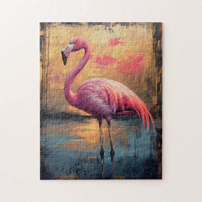 Puzzle Peinture de coucher de soleil doré Flamant rose (Vertical)
