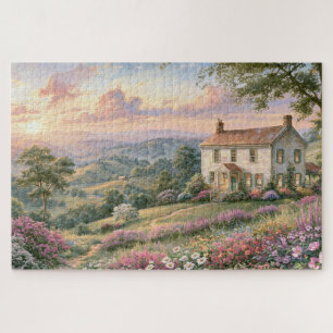 Puzzle Peinture de coucher de soleil montagneux avec fleu