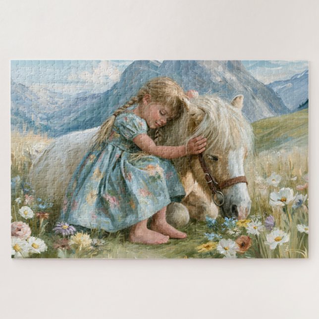 Puzzle Peinture de Fille Poney Montagnes Prairie (Horizontal)
