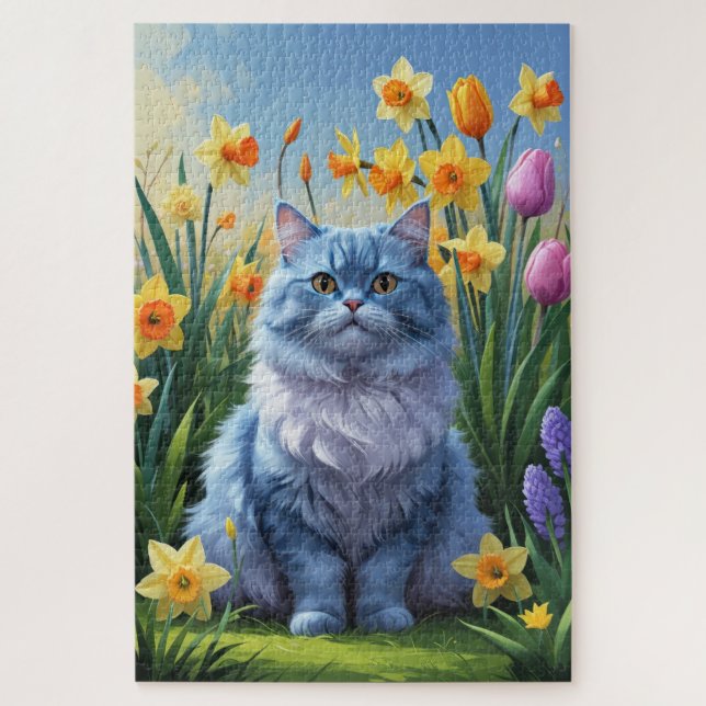 Puzzle Peinture de fleurs de printemps au chat bleu orien (Vertical)