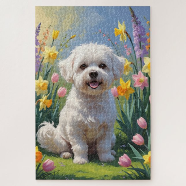 Puzzle Peinture de fleurs de printemps de chien Bichon Fr (Vertical)