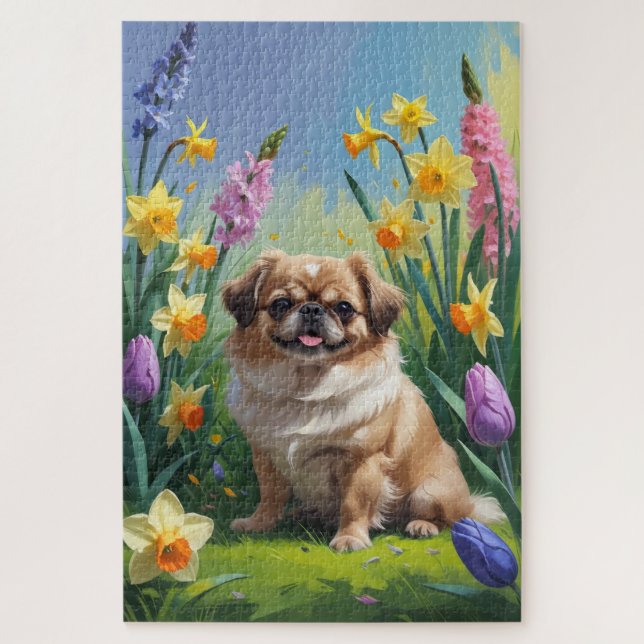 Puzzle Peinture de fleurs de printemps de chien Pékinois (Vertical)