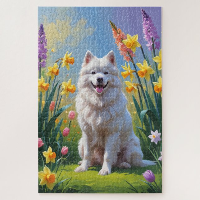 Puzzle Peinture de fleurs de printemps de chien Samoyède (Vertical)