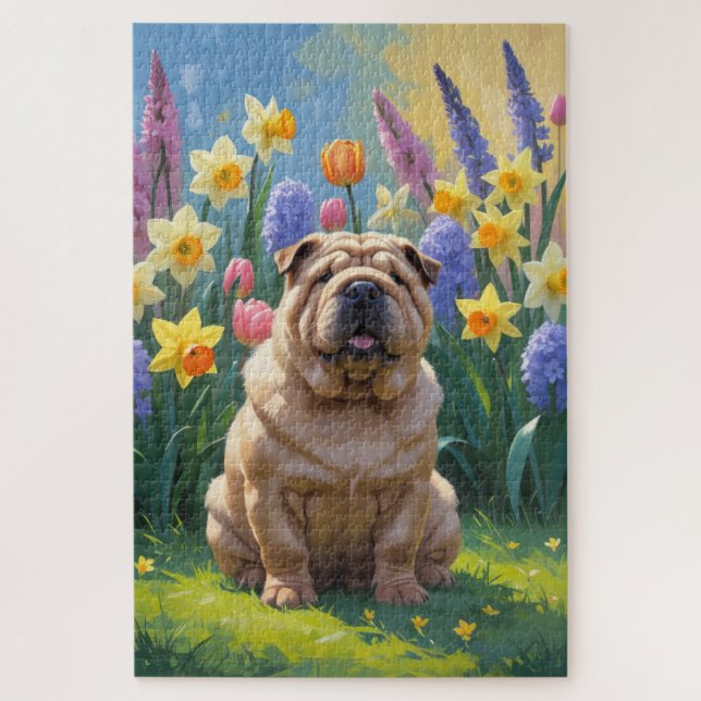Puzzle Peinture de fleurs de printemps de chien Shar Pei (Vertical)