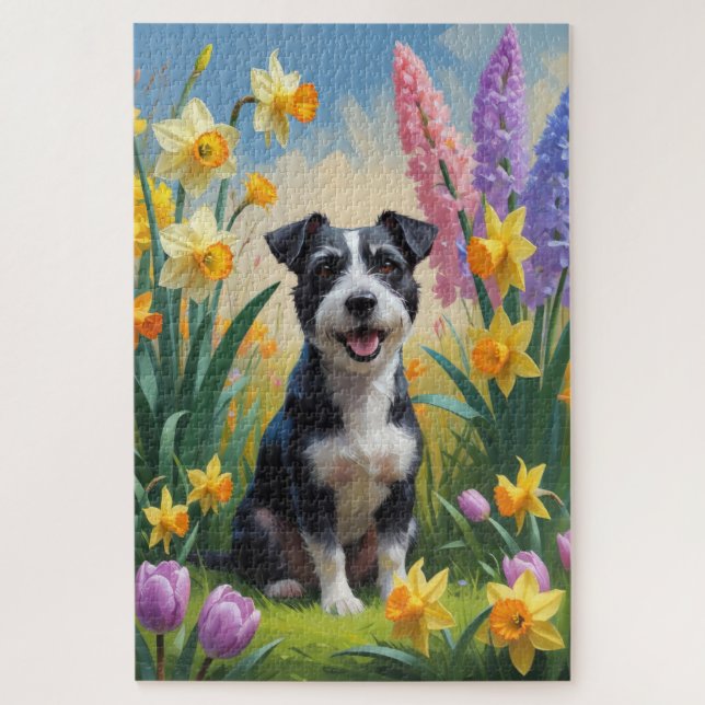Puzzle Peinture de fleurs de printemps de chien Terrier R (Vertical)