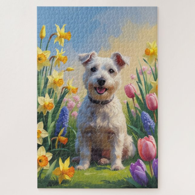 Puzzle Peinture de fleurs de printemps de chien Terrier W (Vertical)