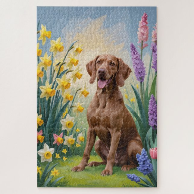 Puzzle Peinture de fleurs de printemps de chien Vizsla (Vertical)