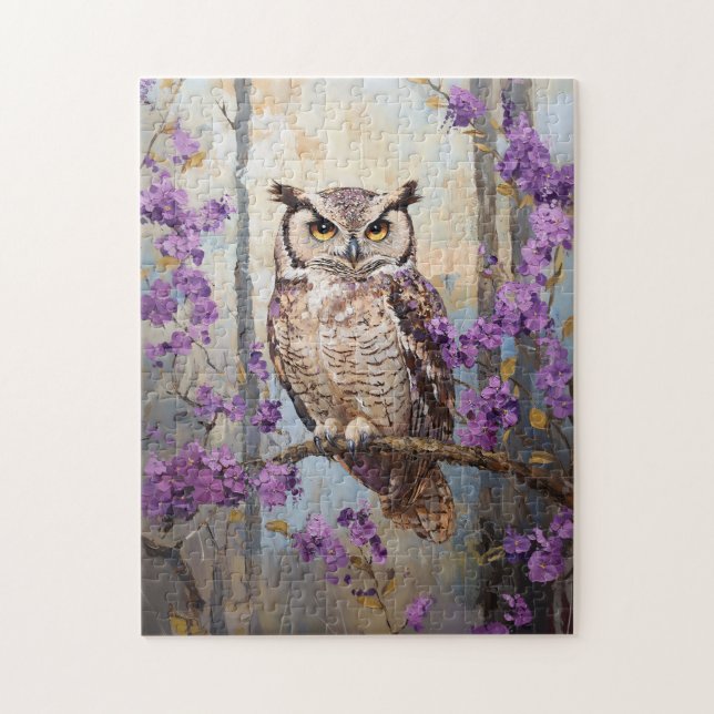 Puzzle Peinture de fleurs pourpres perchées de hibou (Vertical)