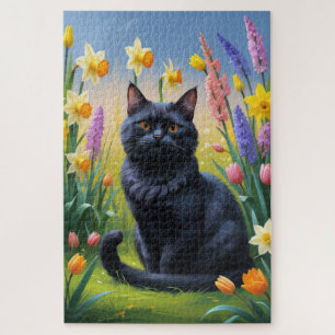 Puzzle Peinture de fleurs printanières au chat noir