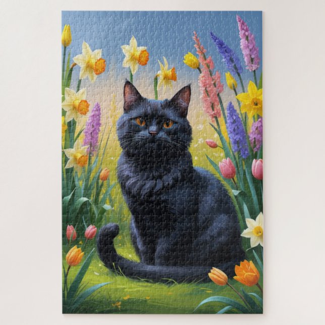 Puzzle Peinture de fleurs printanières au chat noir (Vertical)