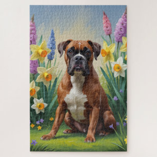 Puzzle Peinture de fleurs printanières avec un chien boxe