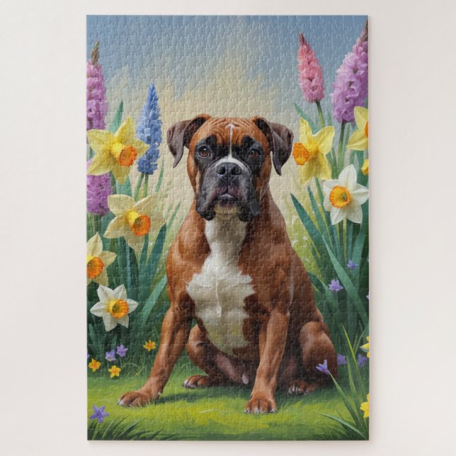 Puzzle Peinture de fleurs printanières avec un chien boxe (Vertical)