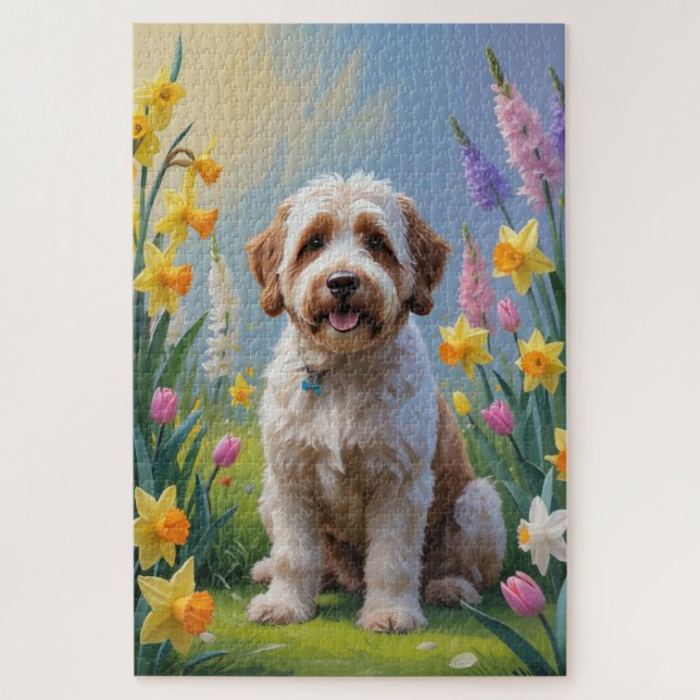 Puzzle Peinture de fleurs printanières Bernedoodle  (Vertical)