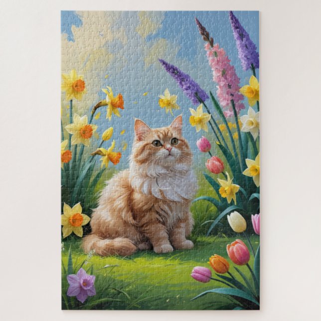 Puzzle Peinture de fleurs printanières de chat angora tur (Vertical)