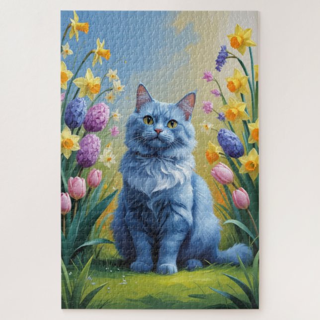 Puzzle Peinture de fleurs printanières de chat bleu russe (Vertical)