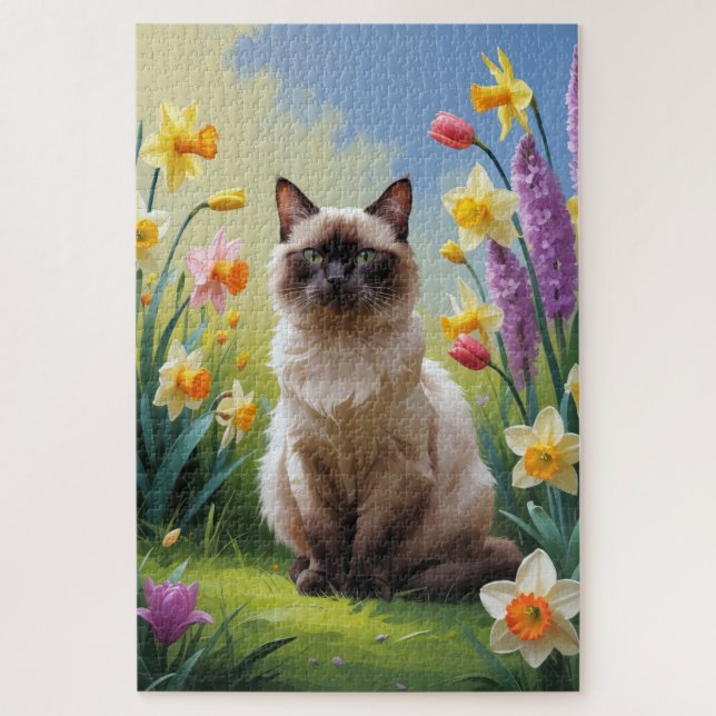 Puzzle Peinture de fleurs printanières de chat siamois (Vertical)