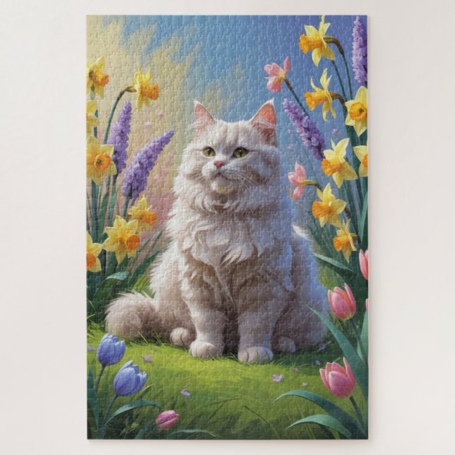 Puzzle Peinture de fleurs printanières de chat sibérien (Vertical)