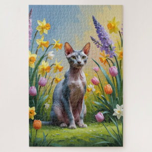 Puzzle Peinture de fleurs printanières de chat Sphynx