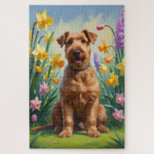 Puzzle Peinture de fleurs printanières de chien Airedale