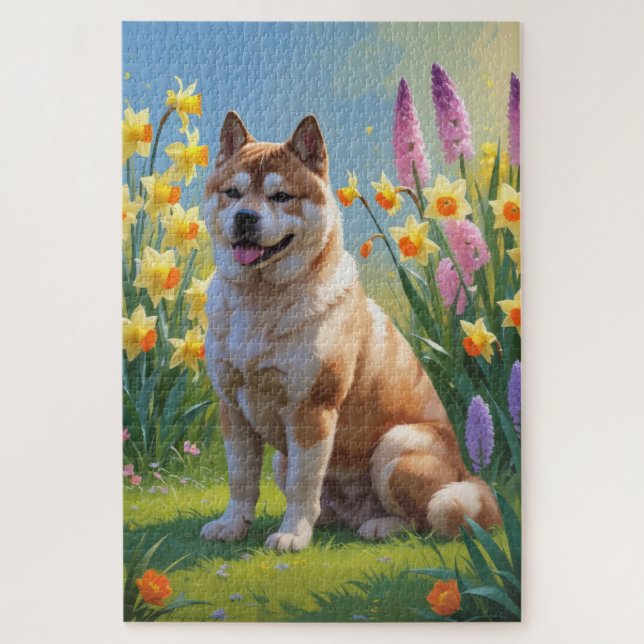 Puzzle Peinture de fleurs printanières de chien Akita (Vertical)
