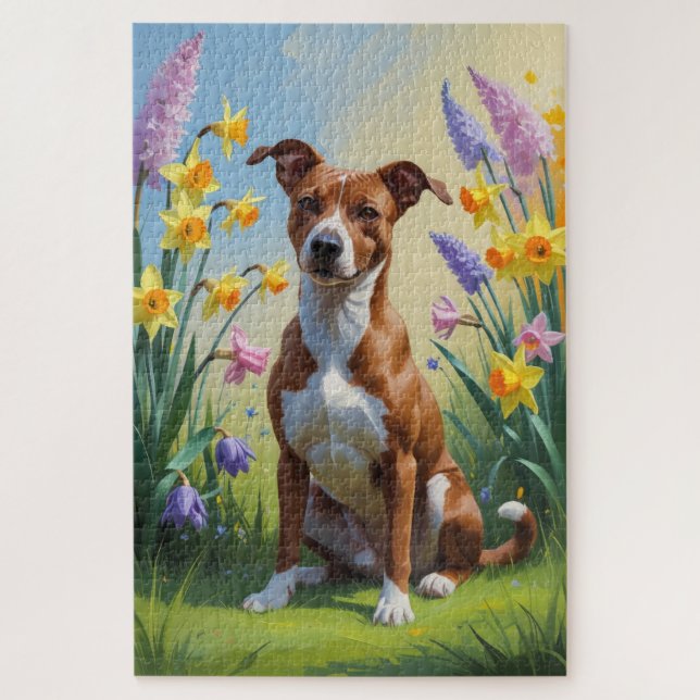 Puzzle Peinture de fleurs printanières de chien Basenji  (Vertical)
