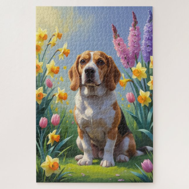 Puzzle Peinture de fleurs printanières de chien Beagle  (Vertical)