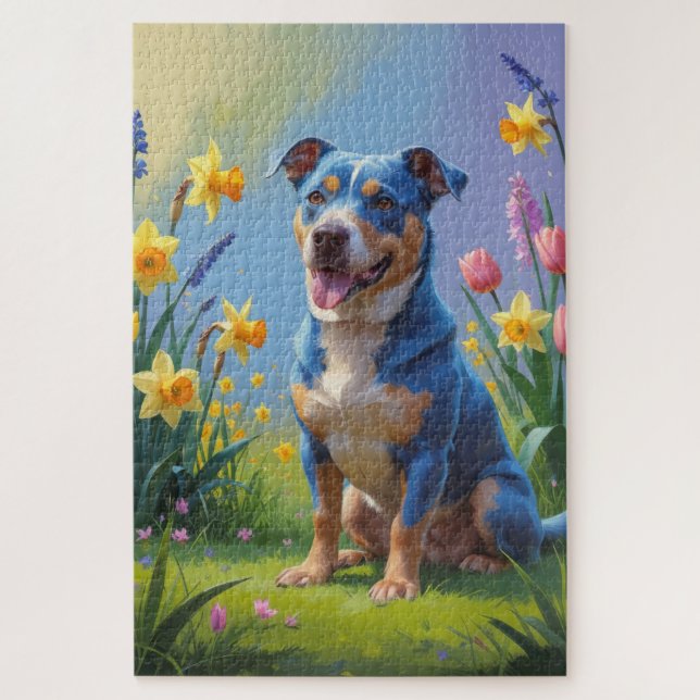 Puzzle Peinture de fleurs printanières de chien Blue Heel (Vertical)