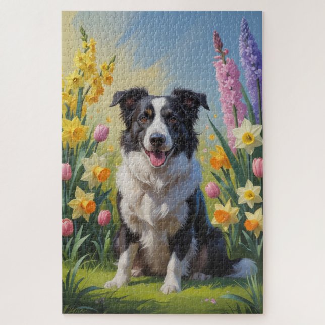Puzzle Peinture de fleurs printanières de chien Border Co (Vertical)
