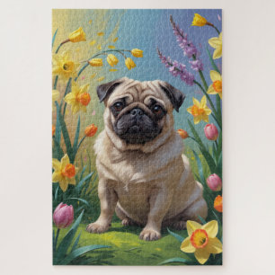 Puzzle Peinture de fleurs printanières de chien carlin