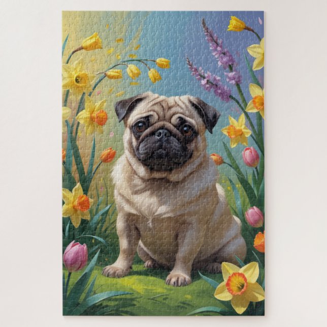 Puzzle Peinture de fleurs printanières de chien carlin (Vertical)