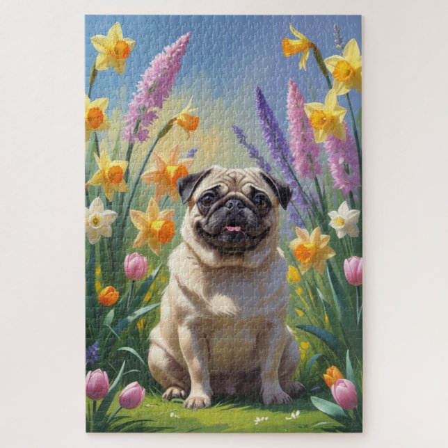 Puzzle Peinture de fleurs printanières de chien Carlin (Vertical)