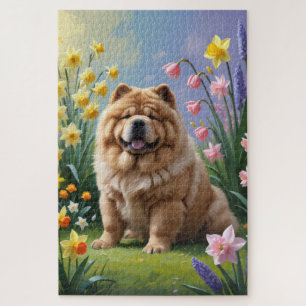 Puzzle Peinture de fleurs printanières de chien Chow Chow