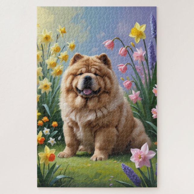 Puzzle Peinture de fleurs printanières de chien Chow Chow (Vertical)