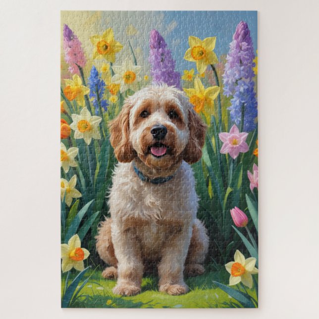 Puzzle Peinture de fleurs printanières de chien Cockapoo (Vertical)