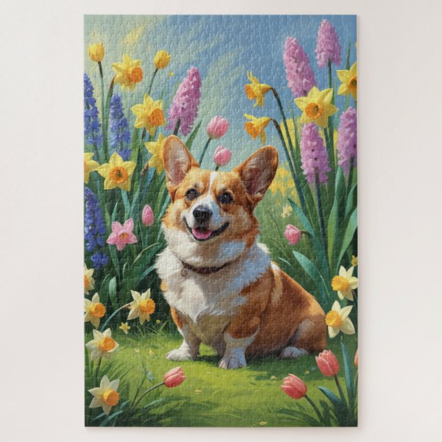 Puzzle Peinture de fleurs printanières de chien Corgi  (Vertical)