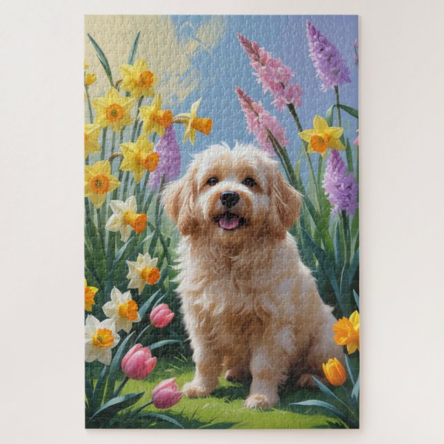 Puzzle Peinture de fleurs printanières de chien Coton De  (Vertical)