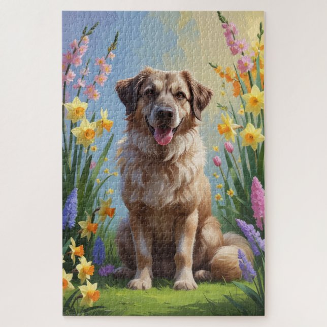 Puzzle Peinture de fleurs printanières de chien de berger (Vertical)