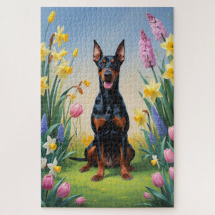Puzzle Peinture de fleurs printanières de chien Doberman
