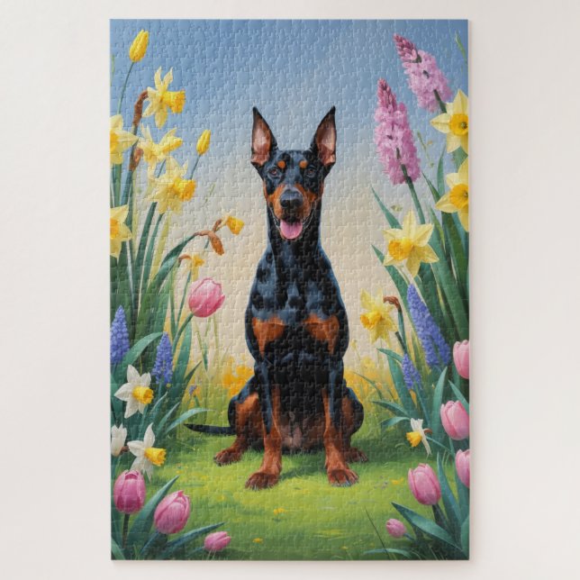 Puzzle Peinture de fleurs printanières de chien Doberman (Vertical)