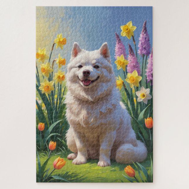 Puzzle Peinture de fleurs printanières de chien esquimau  (Vertical)