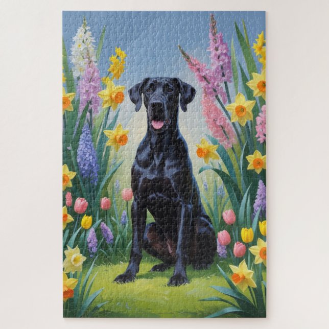 Puzzle Peinture de fleurs printanières de chien Grand Dan (Vertical)