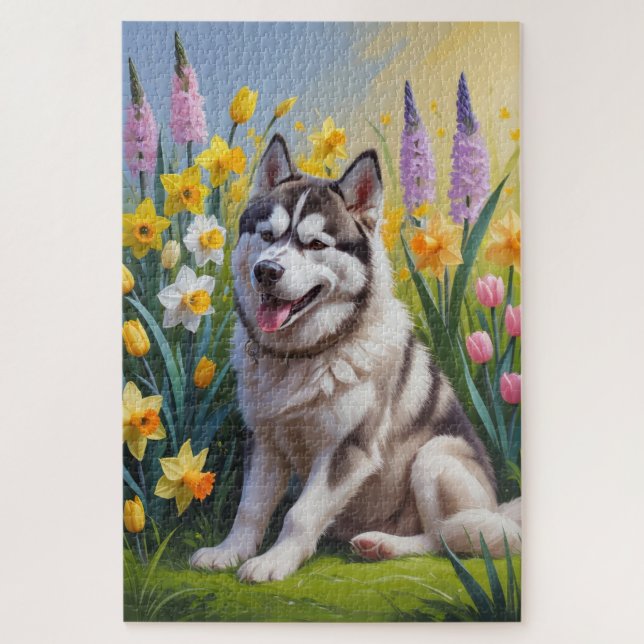 Puzzle Peinture de fleurs printanières de chien Husky sib (Vertical)
